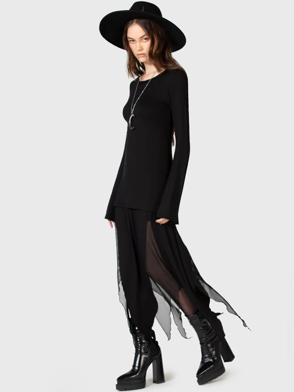 Killstar Midnight Gothic Sheer-Panel Long Sleeve Maxi Dress
